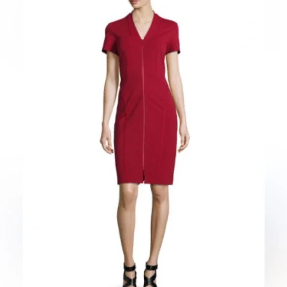 Lafayette 148 New York full Zip Front Midi Sheath Dress Ruby Red US 6 NWT $498